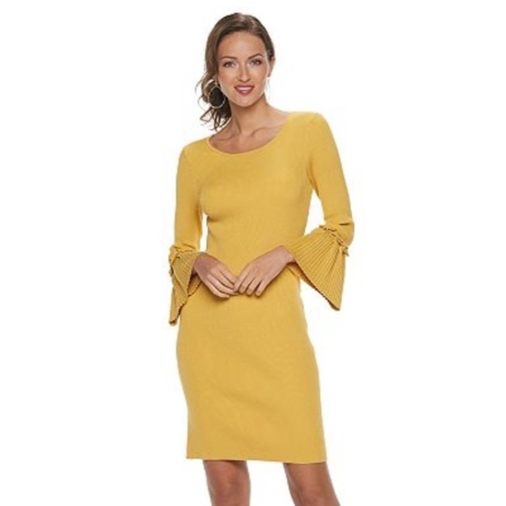 NWT NINA LEONARD DRESS Mustard Yellow  BodyCon Bell Sleeves Cocktail M